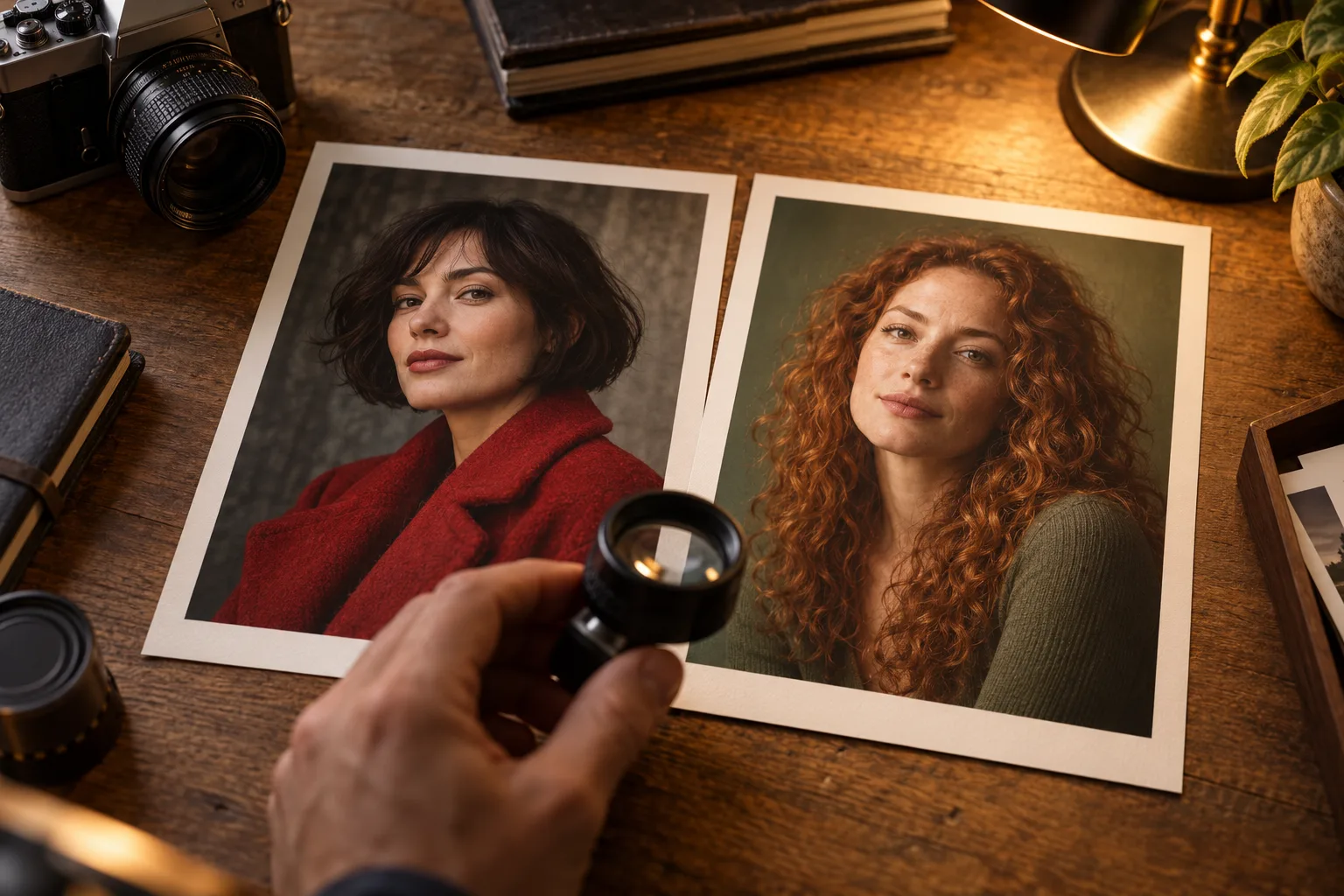 Dois retratos impressos lado a lado na mesa de um fotógrafo, sob uma mão que segura uma lupa.