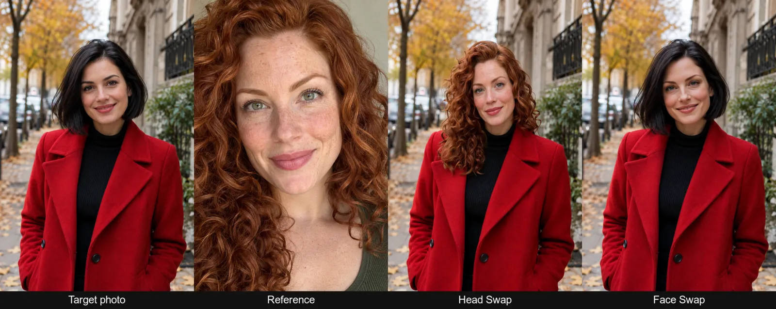 Retratos de destino e de referência ao lado dos resultados de Head Swap e Face Swap para uma mulher de casaco vermelho.