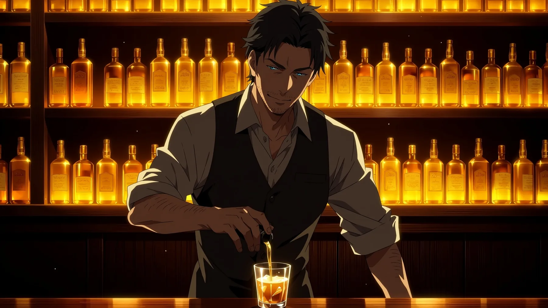 Illustrazione anime di un uomo sulla trentina che versa da bere dietro un bancone di legno in penombra, con bottiglie ambrate che brillano sugli scaffali alle sue spalle.