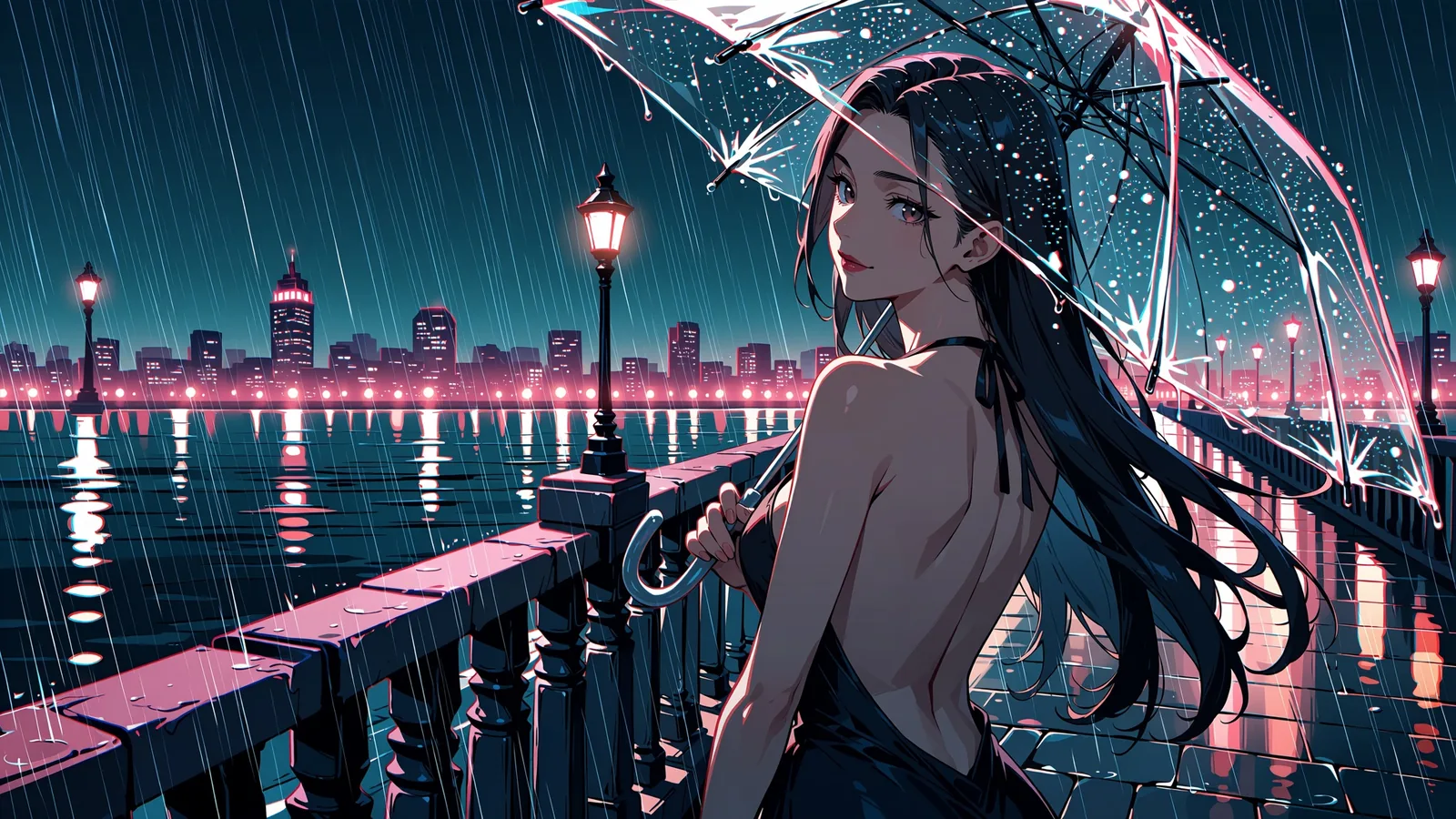 Key visual anime di una donna adulta con lunghi capelli neri che regge un ombrello trasparente su un lungofiume sotto la pioggia, di notte, con luci rosa e verde acqua della città alle sue spalle.
