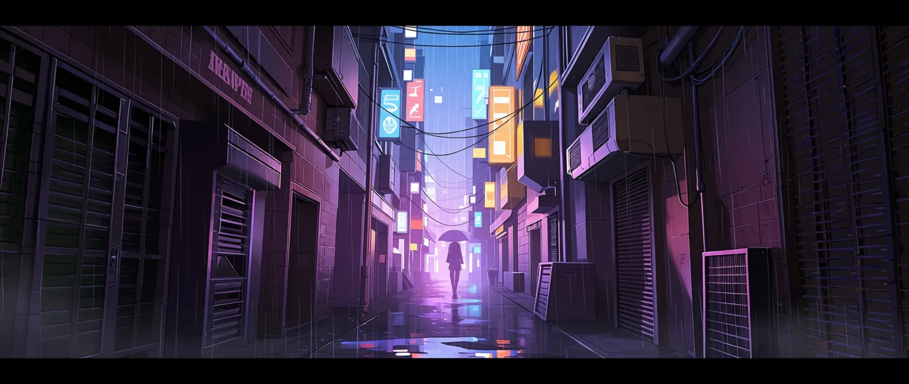 Ampio paesaggio anime di un vicolo cyberpunk piovoso illuminato da insegne al neon, senza persone nell’inquadratura.