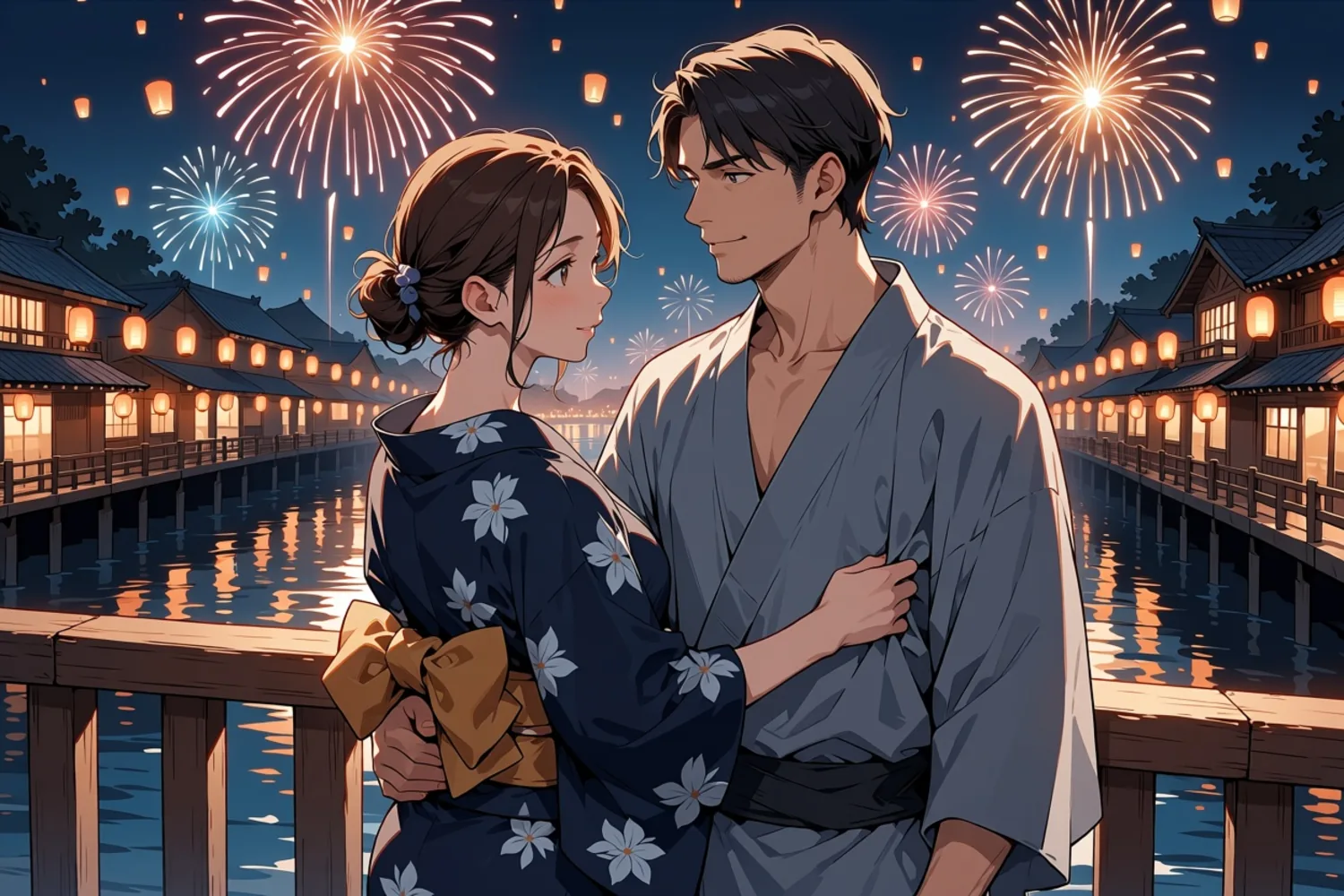Illustrazione anime di una coppia adulta in yukata, in piedi vicini su un ponte di legno durante una festa estiva, con fuochi d’artificio e lanterne di carta alle spalle.