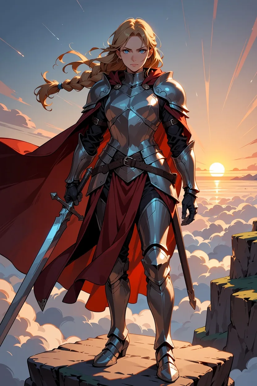 Illustrazione anime di una cavaliera adulta con una lunga treccia bionda, armatura di piastre d’argento e mantello rosso, che regge una spada lunga su una scogliera sopra le nuvole all’alba.