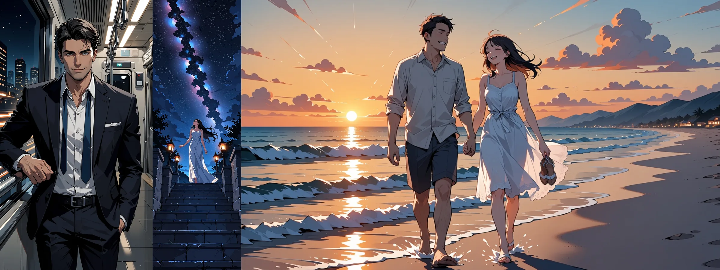 Tre immagini anime affiancate: un uomo in abito scuro su un treno notturno in 9:16, una donna adulta in cima a una scalinata illuminata da lanterne in un’inquadratura alta 1:3 e una coppia adulta che cammina su una spiaggia al tramonto in 16:9.
