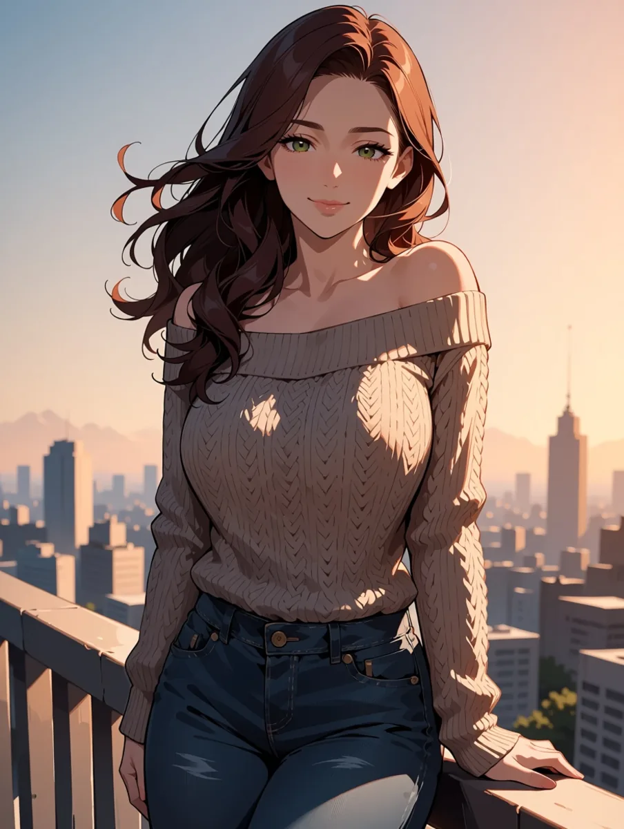 Illustrazione anime di una donna adulta con lunghi capelli ondulati ramati appoggiata alla ringhiera di un tetto all’ora d’oro, con lo skyline della città alle spalle.