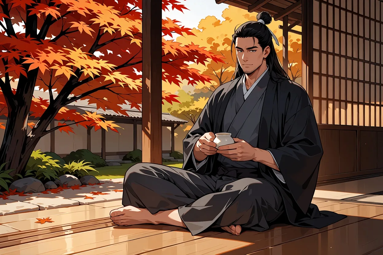 Illustrazione anime di un uomo adulto con lunghi capelli neri raccolti in uno chignon e un haori scuro indossato morbido, seduto su un portico di legno con una tazza da tè accanto a un acero in autunno.