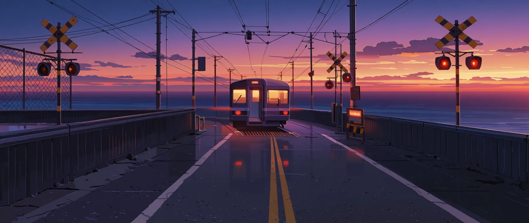 Ampio paesaggio anime di un passaggio a livello sul mare al tramonto, con luci rosse di segnalazione accese, un treno a vettura singola e un cielo viola e arancione.