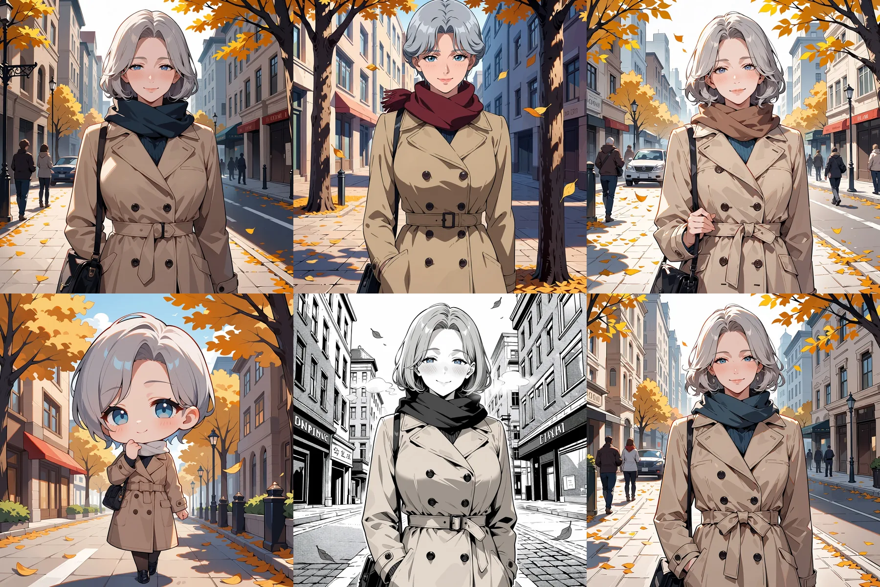 Una griglia di sei immagini anime della stessa donna con i capelli argentati e il trench su una strada in autunno. Riga in alto: predefinito, look cel anni Novanta, acquerello. Riga in basso: chibi, manga in bianco e nero, schizzo a matita.
