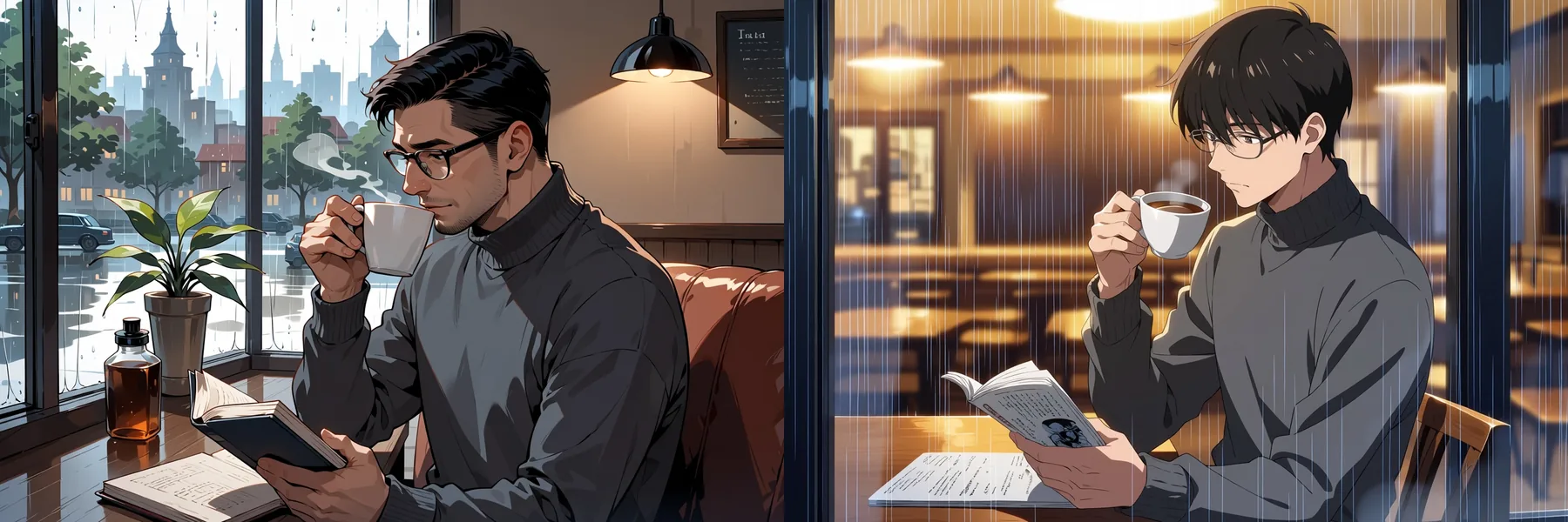 Due immagini anime di un uomo con gli occhiali che legge in un caffè sotto la pioggia. L’immagine a sinistra, ottenuta con i tag, mostra un uomo con la barba corta accanto a una finestra luminosa; quella a destra, ottenuta con le frasi, mostra un uomo più giovane in un caffè in penombra con la pioggia che riga il vetro.