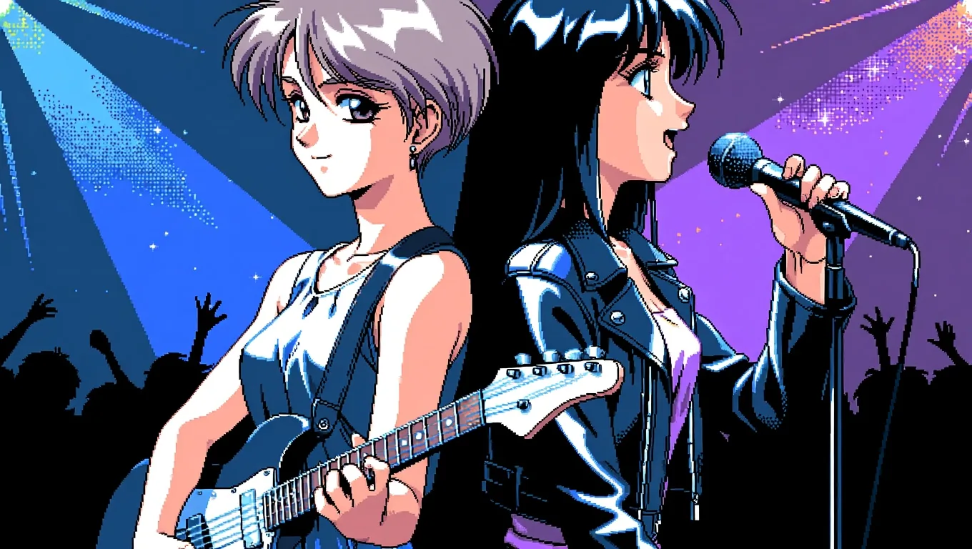 Due adulti, membri di una band, schiena contro schiena su un piccolo palco di un locale, in uno stile anime retrò anni Novanta