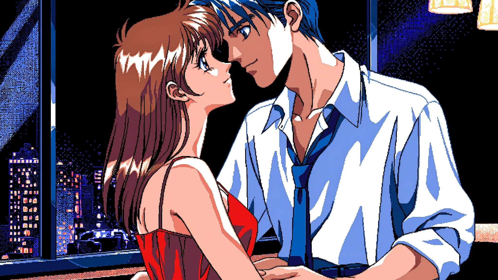 Due adulti che ballano lentamente in uno stile anime retrò anni Novanta, con ombreggiatura a dithering e una tavolozza di colori limitata