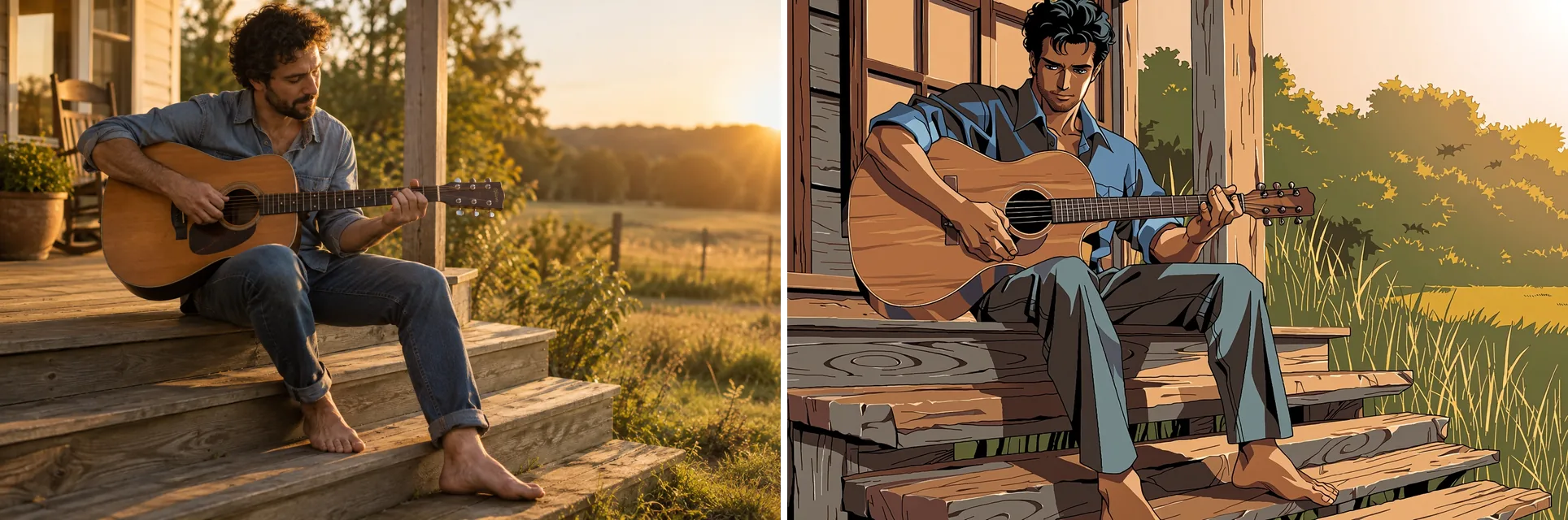 A sinistra: una foto di un uomo che suona la chitarra acustica sui gradini di un portico all’ora d’oro. A destra: la stessa scena in uno stile di illustrazione PC-98