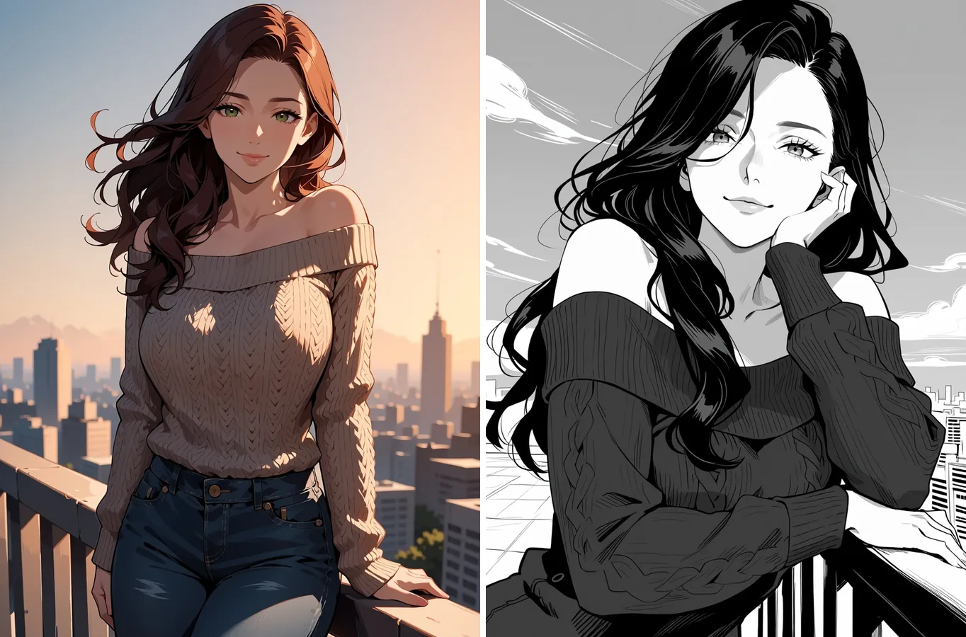 A sinistra: un’illustrazione a colori di una donna su un tetto all’ora d’oro. A destra: la stessa scena ridisegnata come inchiostro manga in bianco e nero con una posa diversa