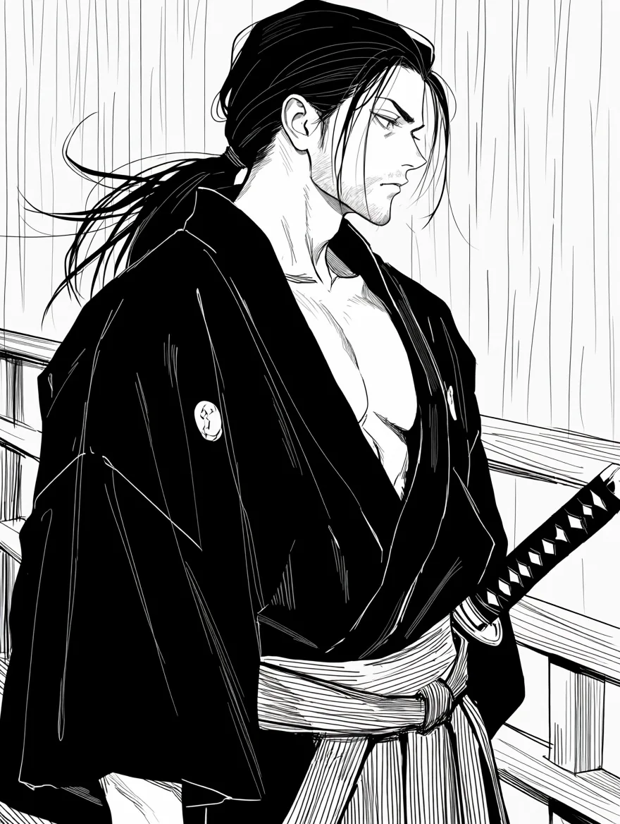 Uno spadaccino dai capelli lunghi in kimono con una katana, in piedi su un ponte di legno sotto la pioggia, disegnato in inchiostro manga in bianco e nero