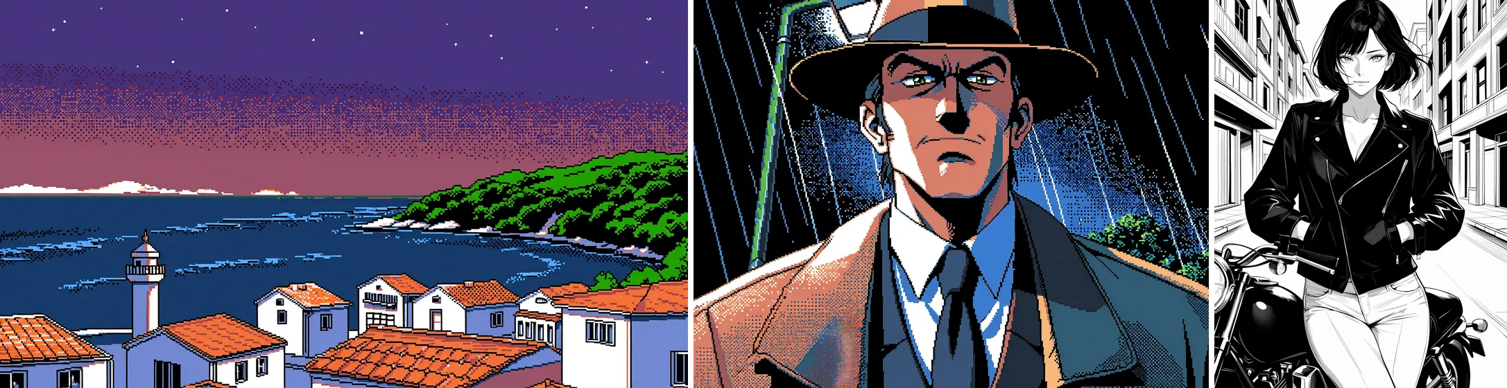 Una cittadina di mare PC-98 a dithering al tramonto, un detective PC-98 in trench sotto la pioggia e un ritratto manga in bianco e nero di una donna con una moto