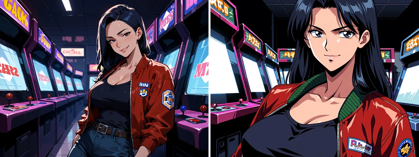 A sinistra: una donna con un bomber rosso in una sala giochi, in un look anime moderno. A destra: lo stesso prompt con il LoRA PC-98 caricato, in un look anni Novanta