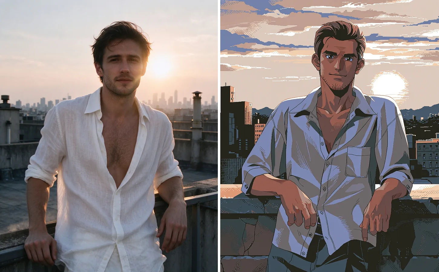 A sinistra: una foto di un uomo appoggiato al parapetto di un tetto al tramonto. A destra: la stessa scena come illustrazione in stile PC-98