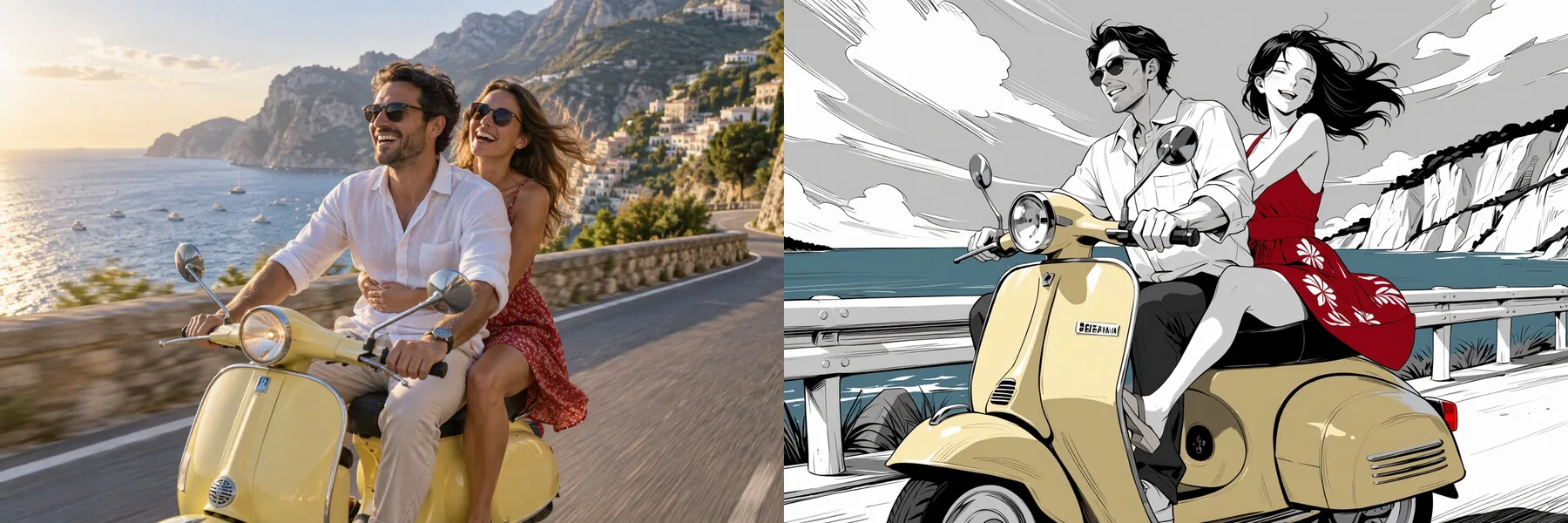 A sinistra: una foto di una coppia su uno scooter giallo pallido su una strada costiera. A destra: la stessa scena in inchiostro manga in bianco e nero con lo scooter e l’abito rosso a colori