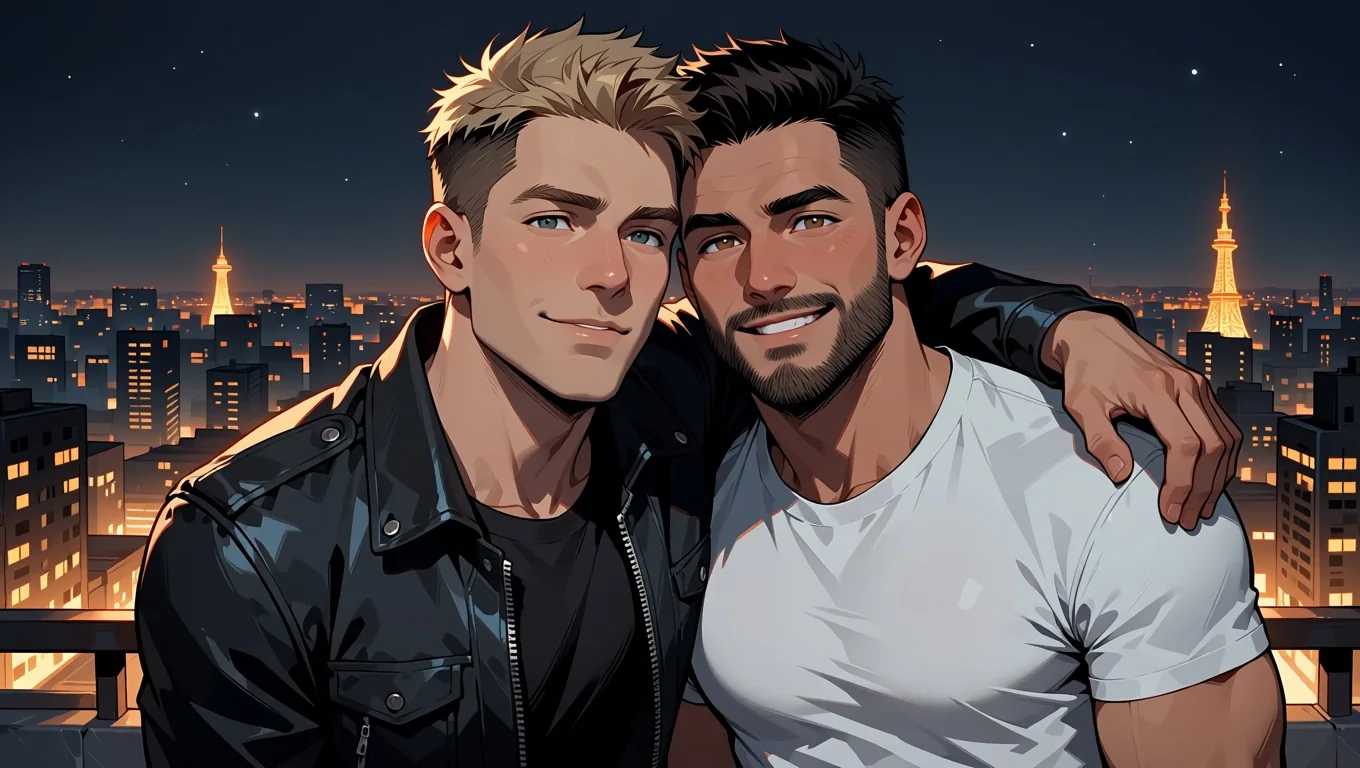 Illustration d’anime de deux hommes adultes, l’un blond en blouson de cuir et l’autre brun et barbu en t-shirt blanc, souriant, un bras autour de l’épaule, sur un toit la nuit.