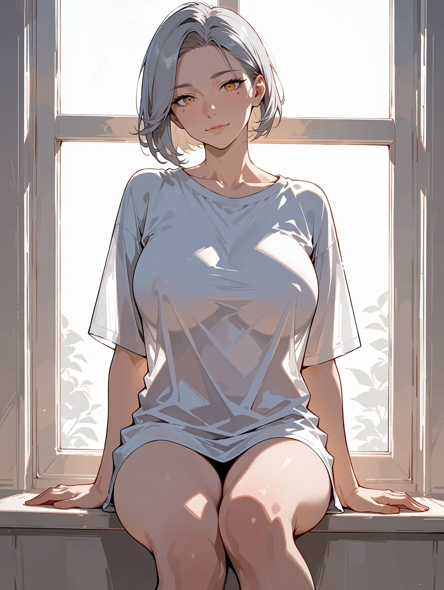 La même femme adulte aux cheveux argentés en chemise blanche trop grande, assise sur un rebord de fenêtre ensoleillé.