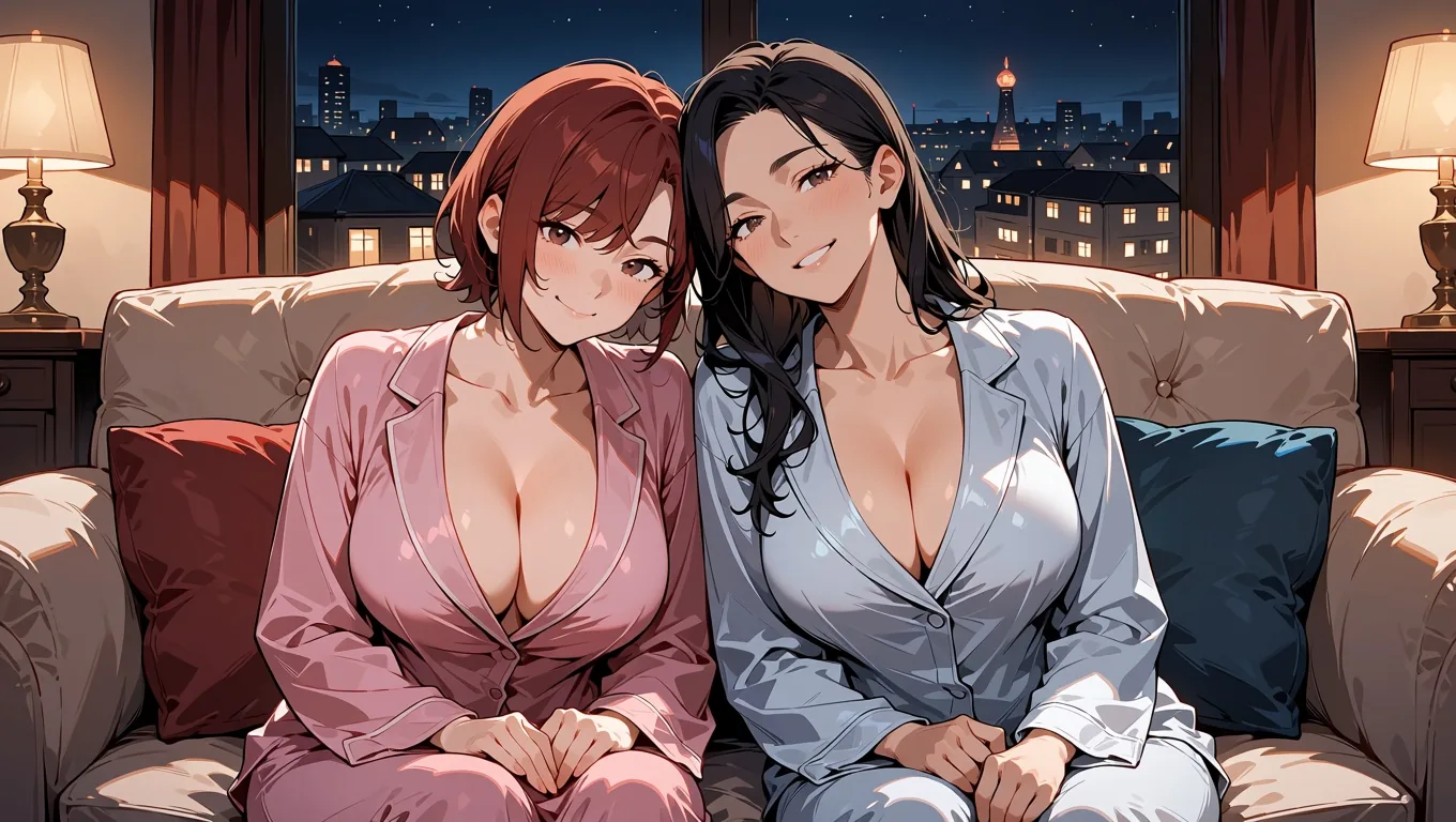 Illustration d’anime de deux femmes adultes en pyjama de soie, l’une aux cheveux courts roux et l’autre aux longs cheveux noirs, la tête appuyée l’une contre l’autre sur un canapé la nuit.