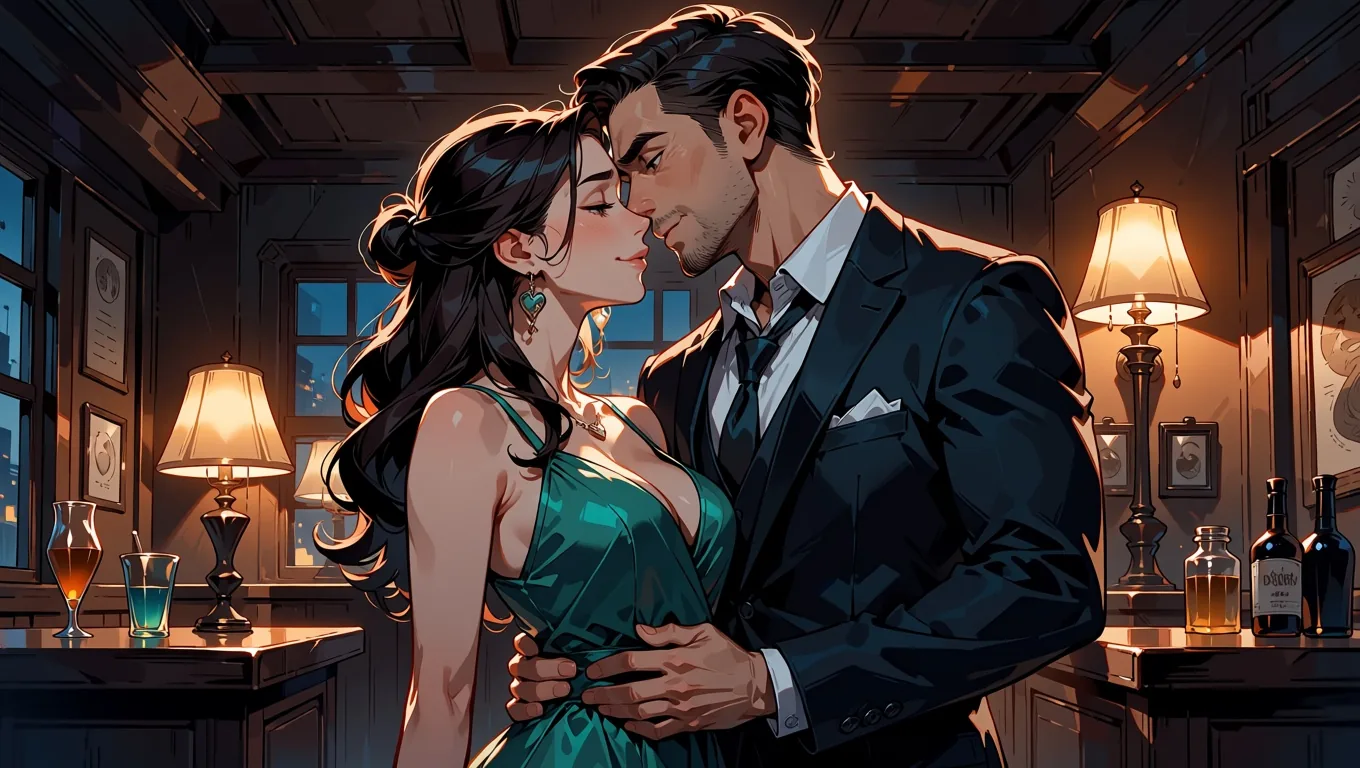 Un uomo adulto in abito scuro e una donna adulta in abito di raso verde ballano lentamente stretti in un jazz bar in penombra, fronte contro fronte, in stile anime.