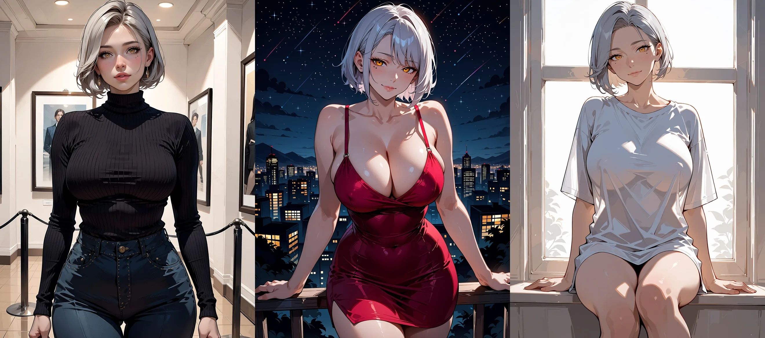 Tre immagini anime della stessa donna adulta con un caschetto argento e occhi dorati: in dolcevita nero in una galleria, in abito rosso su un balcone di notte e in una camicia bianca oversize sul davanzale di una finestra.