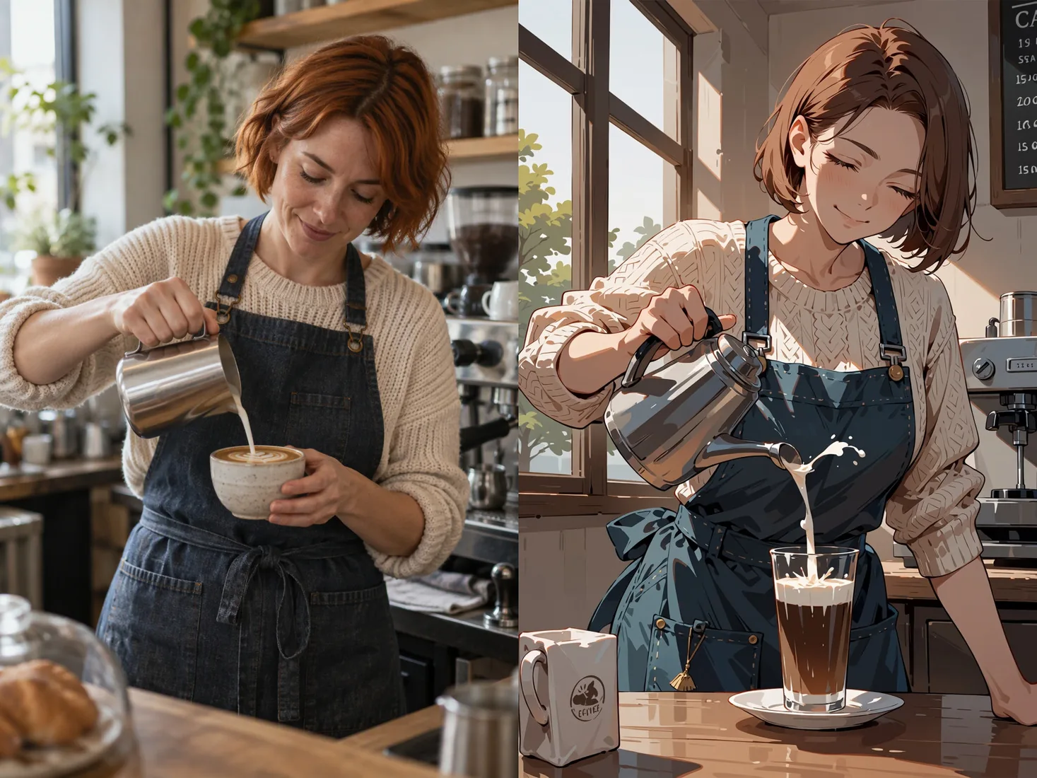 À esquerda: uma fotografia de origem de uma barista servindo leite numa xícara. À direita: a versão em anime feita com força 0,75