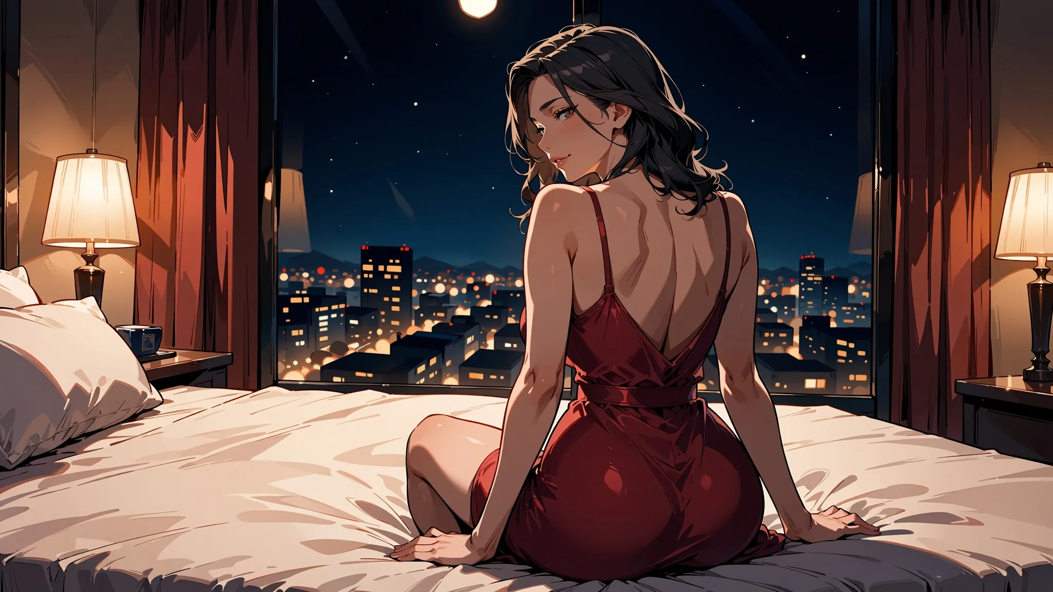 Una donna adulta in sottoveste di raso rosso è seduta sul bordo di un letto d’albergo di notte e guarda indietro oltre la spalla verso lo skyline della città, in stile anime