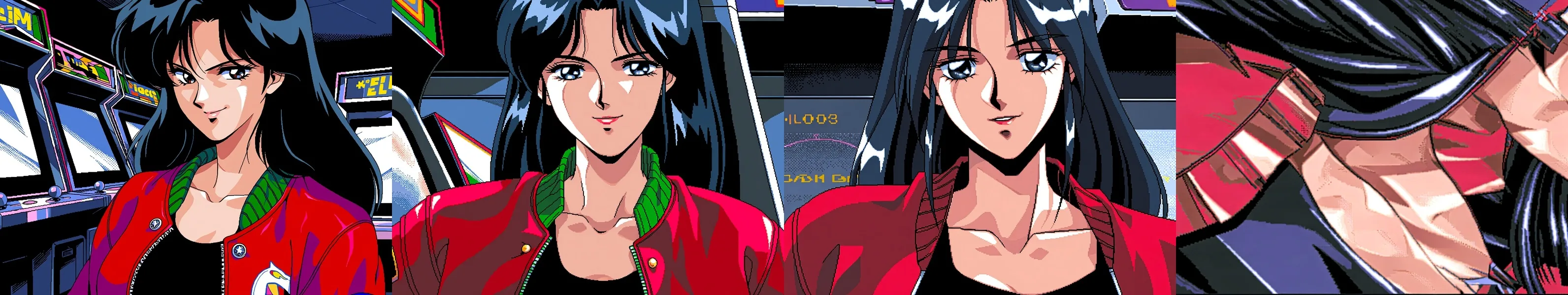 Quatro retratos de anime da mesma mulher de jaqueta vermelha num fliperama, de um estilo retrô leve na escala 0,5 a um estilo mais forte em 1,5 e, na escala 4, uma mancha abstrata de formas