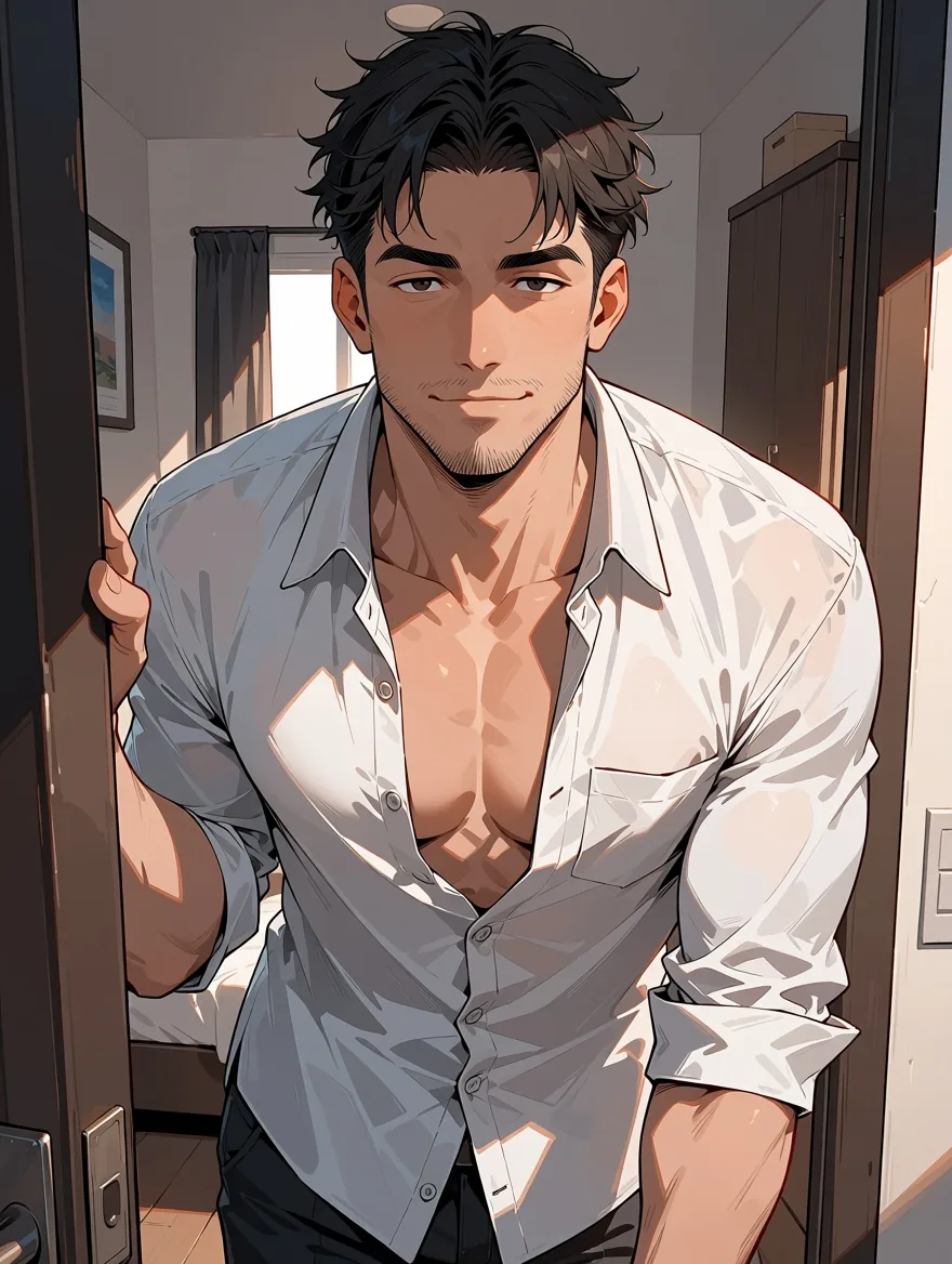 Illustrazione anime di un uomo adulto con la barba corta in camicia bianca sbottonata, appoggiato sulla soglia di una camera da letto alla luce del mattino