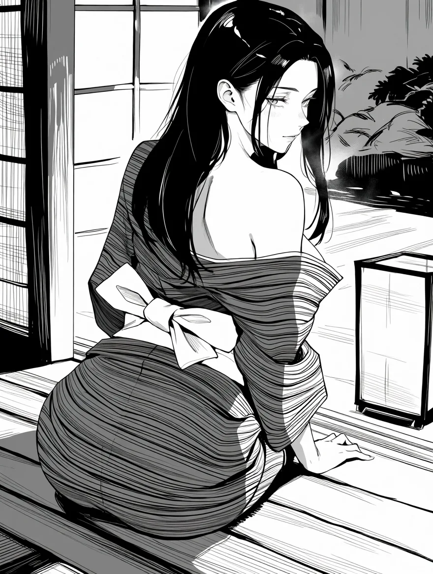 Un’illustrazione in bianco e nero in stile manga di una donna adulta con lunghi capelli scuri in kimono, seduta accanto a una lanterna di carta mentre guarda indietro