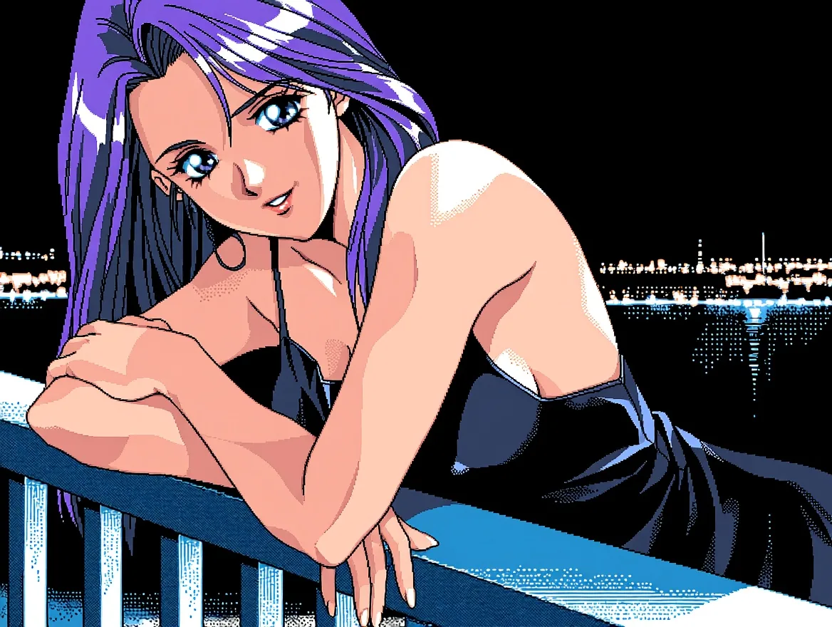 Un’illustrazione anime in stile anni Novanta di una donna adulta con lunghi capelli viola in sottoveste nera appoggiata a un balcone di notte, con le luci della città oltre l’acqua
