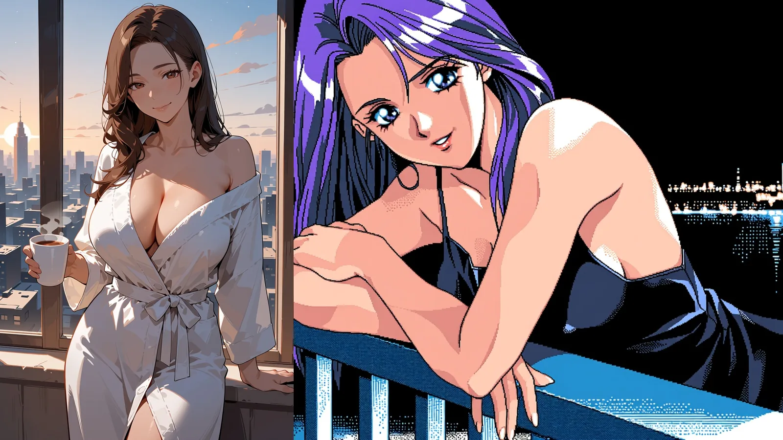 Due donne adulte in stile anime affiancate: una in accappatoio bianco con una tazza di caffè a una finestra all’alba, una in stile pixel art retrò appoggiata alla ringhiera di un balcone di notte