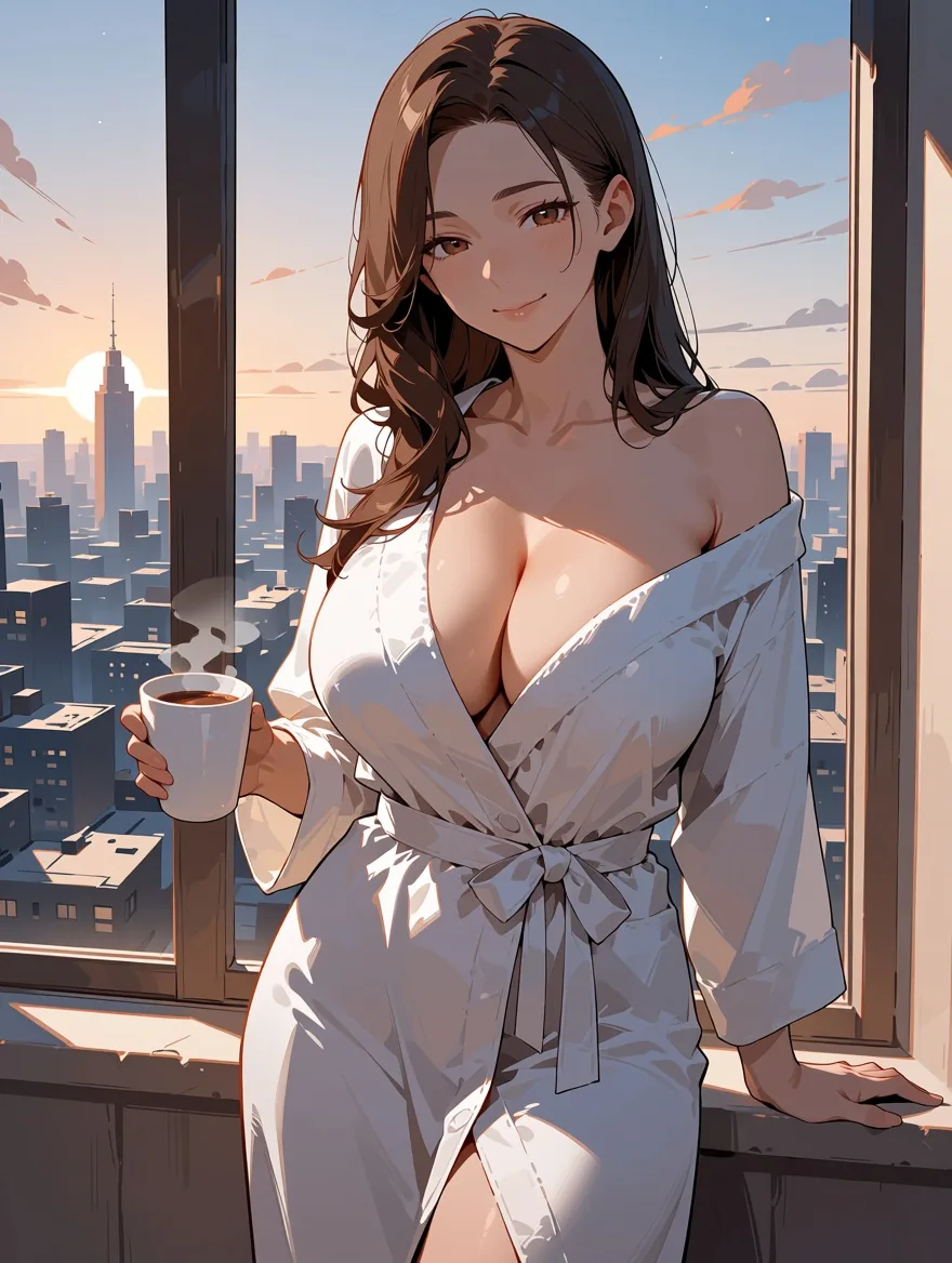 Dorosła kobieta w stylu anime w białym szlafroku zsuwającym się z jednego ramienia, z filiżanką kawy przy dużym oknie o świcie, za nią panorama miasta