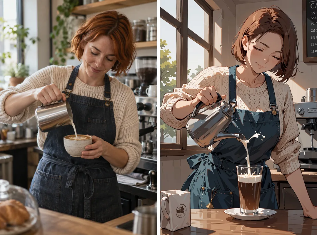A source photograph of a barista pouring milk next to the anime version
