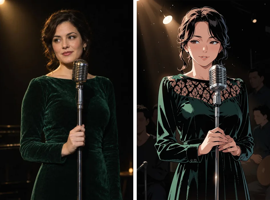 A sinistra: la fotografia sorgente di una donna con un abito di velluto verde davanti a un microfono vintage. A destra: la versione anime realizzata da Anima Turbo in immagine in immagine con strength 0.75