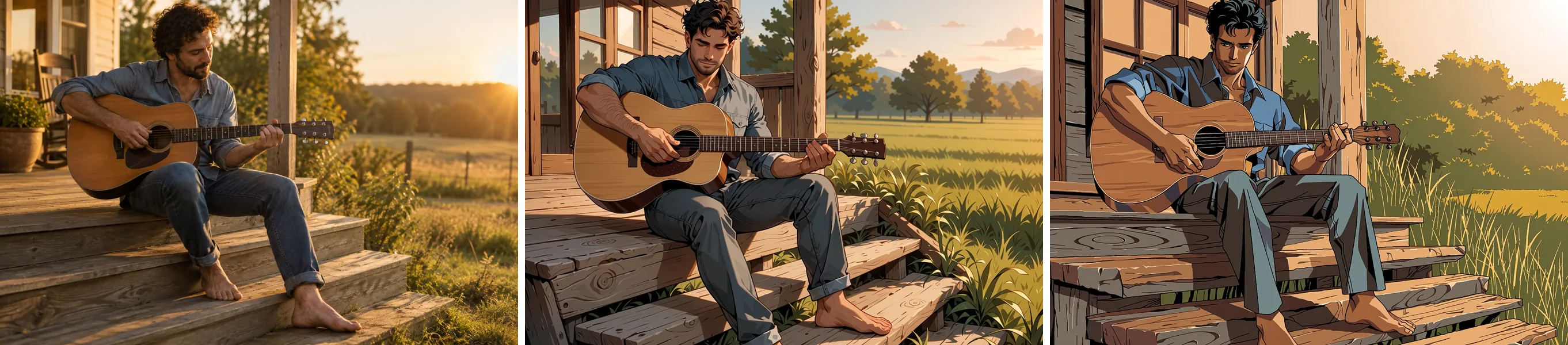 A source photograph of a man playing guitar, the plain anime version, and the PC-98 version