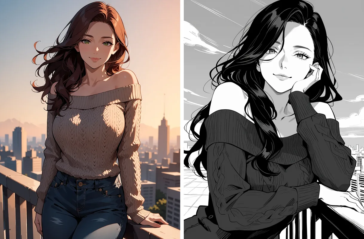 A colour Anima illustration of a woman on a rooftop next to its manga ink version