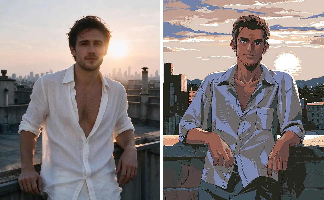 A source photograph of a man on a rooftop at sunset next to the PC-98 style result