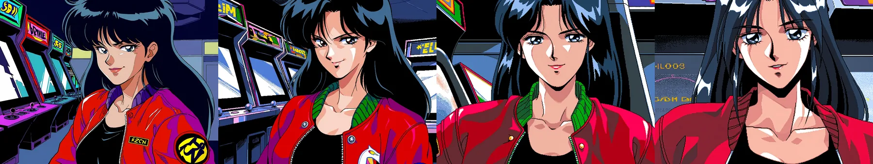 Four renderings of a woman in a red jacket at an arcade with the PC-98 LoRA at scale 0, 0.5, 1 and 1.5