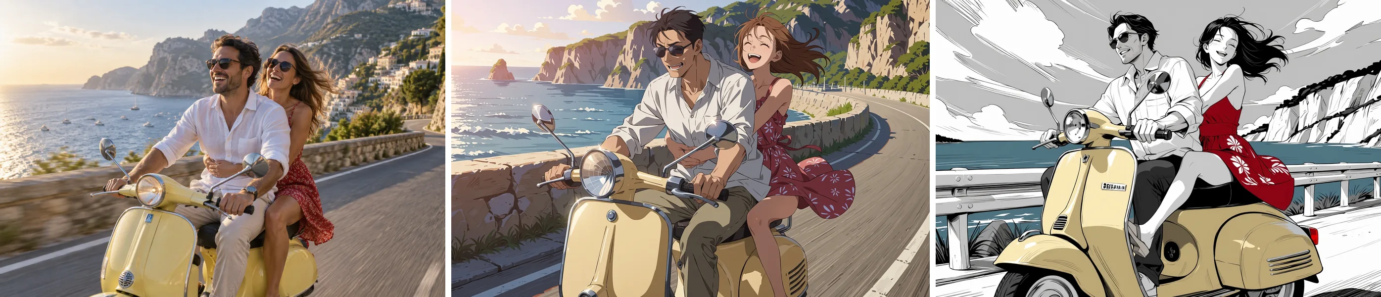 A source photograph of a couple on a yellow scooter next to the anime version
