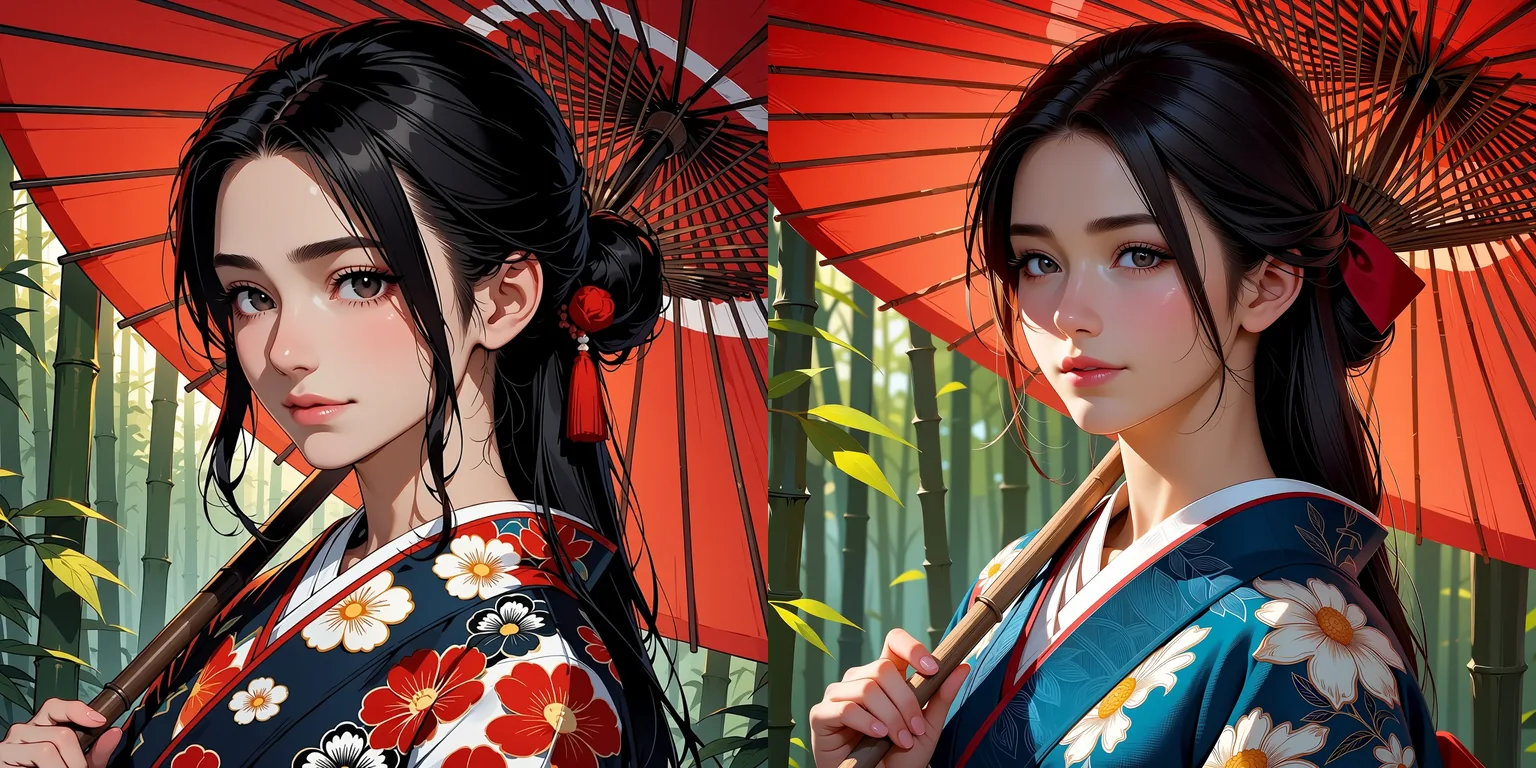 A woman in a floral kimono holding a red paper umbrella in a bamboo forest, generated at the 1k tier and the 1.5k tier