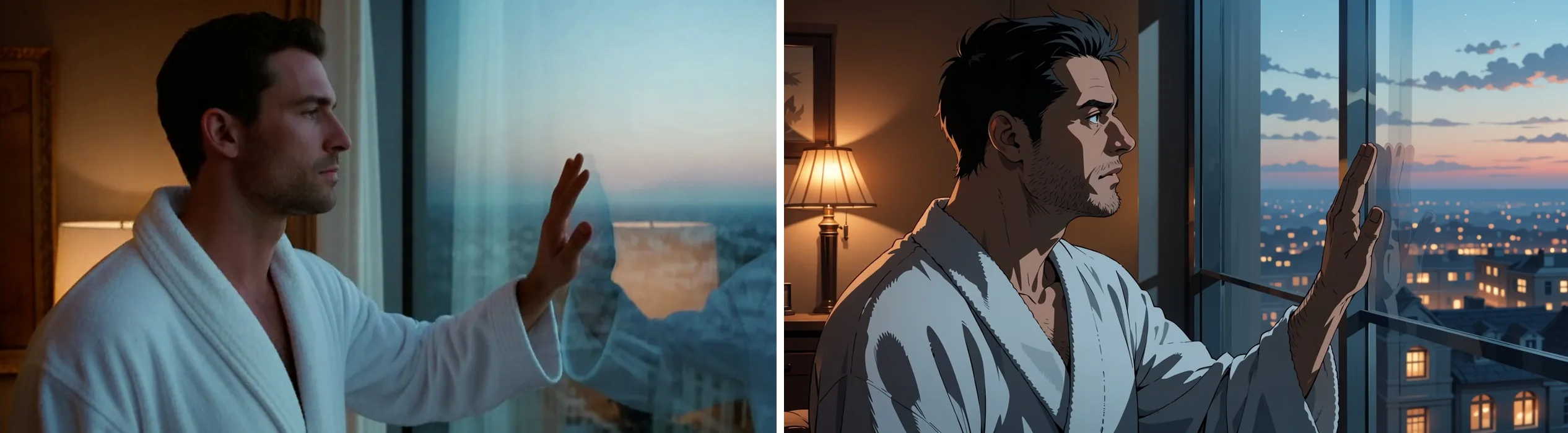 A source photograph of a man in a white robe touching a window at dusk next to the anime version
