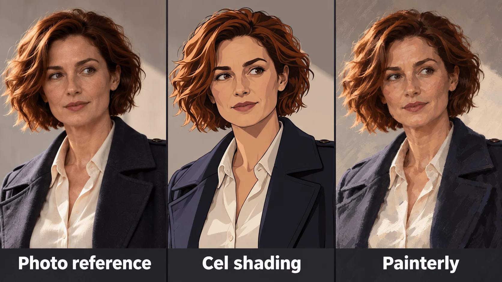 Un ritratto fotografico di una donna adulta con capelli corti castano ramato accanto a versioni cel shading e pittoriche dello stesso ritratto.