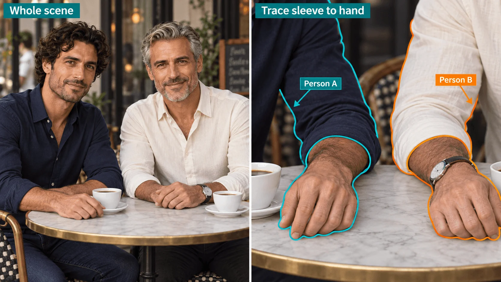 Eine Cafészene mit zwei Männern und ein Handdetail zeigen durch farbige Linien, zu welchem Ärmel jede Hand gehört.