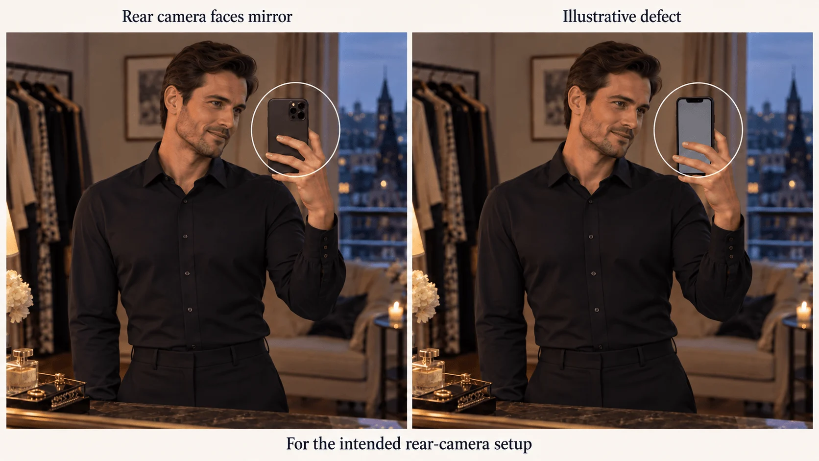 Comparación de Daniel entre lentes traseras orientadas al espejo y una pantalla mal orientada para la captura prevista.