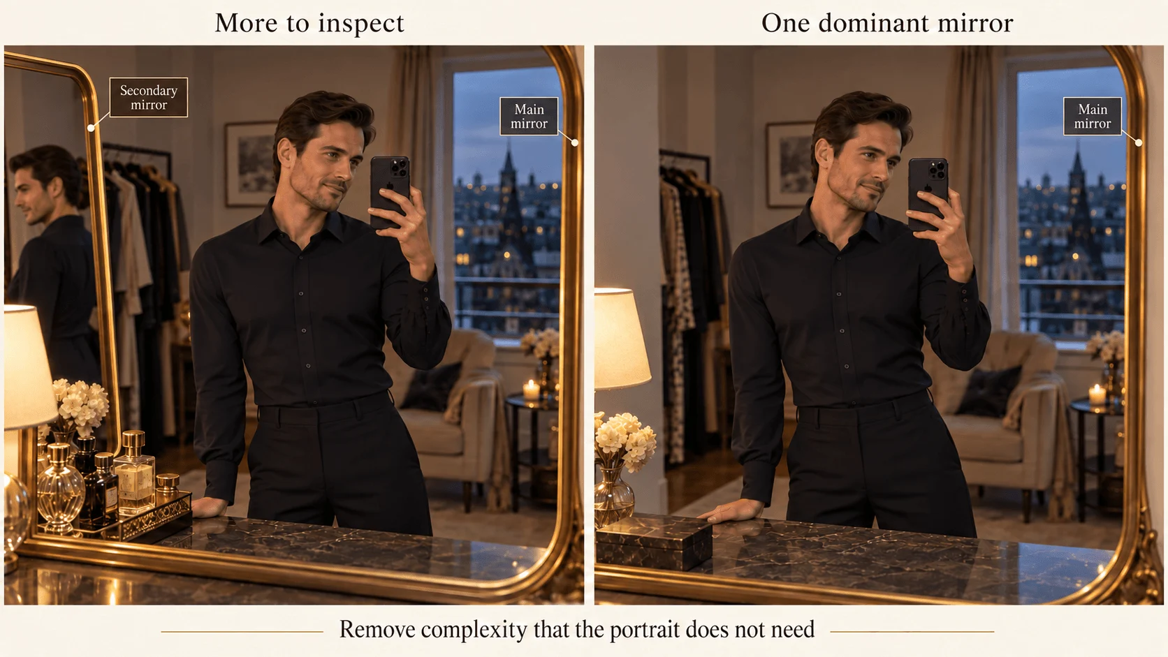 Daniel en una habitación con un reflejo secundario y botellas reflectantes, comparado con un único espejo dominante.
