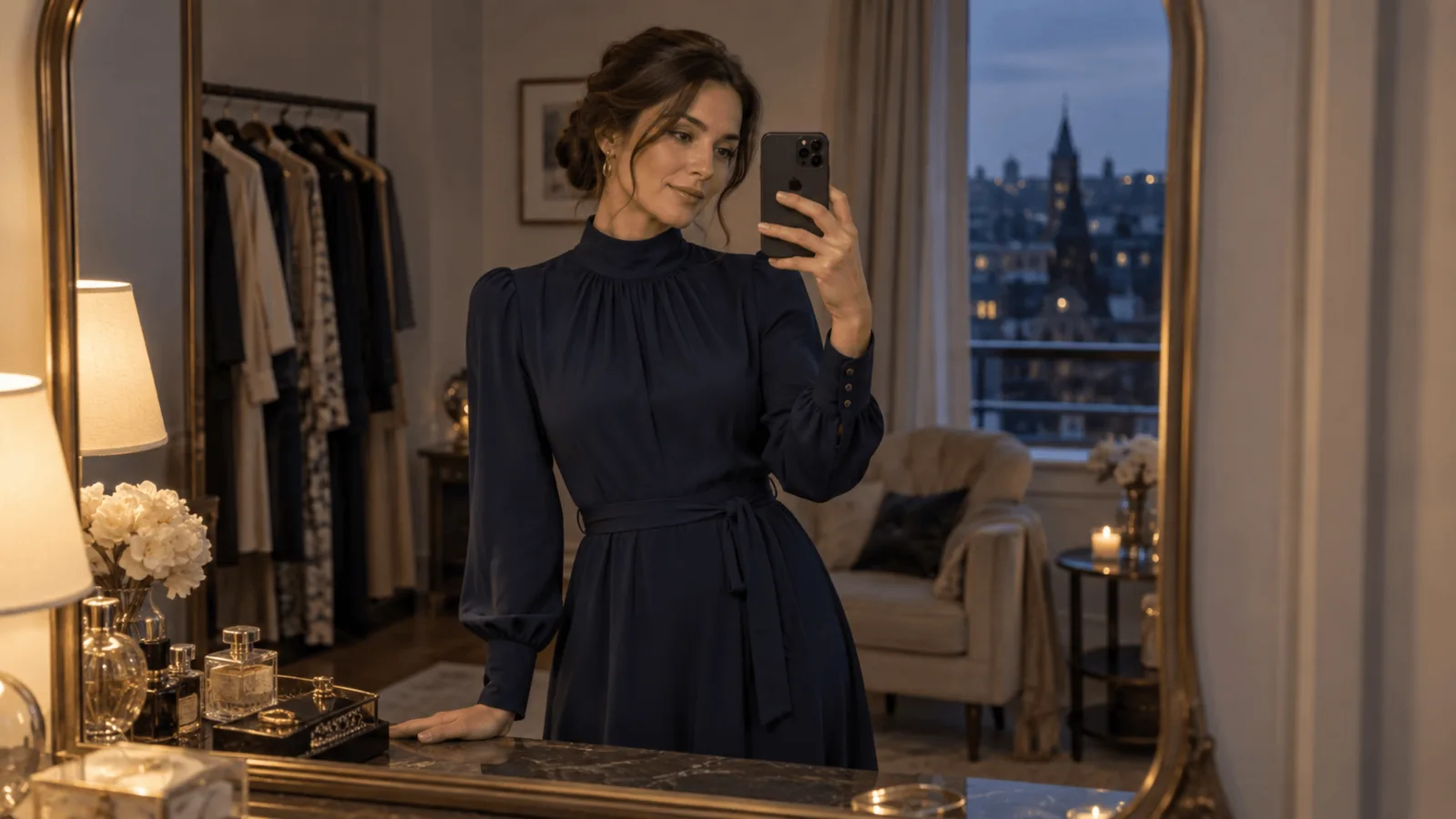 Una donna adulta in abito blu navy scatta un selfie allo specchio in un camerino illuminato da luce soffusa.