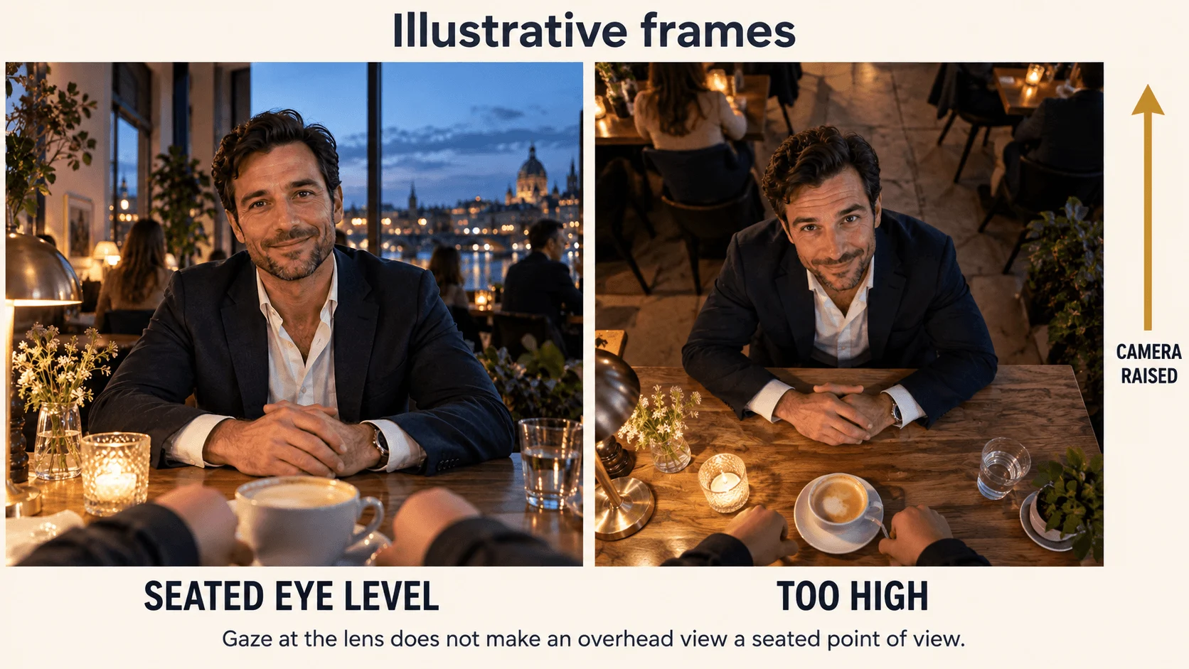 Una vista del ristorante ad altezza occhi da seduti contrasta con una camera rialzata rivolta verso lo stesso uomo e tavolo.